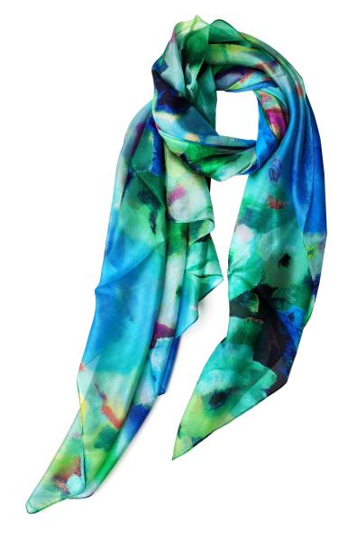 Scarf 100% Silk Paj Flower Blue Green